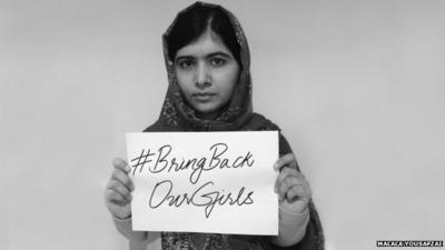 Undated handout picture made available 08 May 2014 of Pakistani activist Malala Yousafzai supporting a social media campaign over the abduction of 276 schoolgirls in Nigeria last month, flooding social media with posts using the hashtag: #BringBackOurGirls