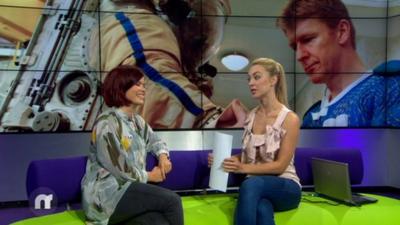 Blue Peter's Lindsey on the Newsround sofa with Hayley