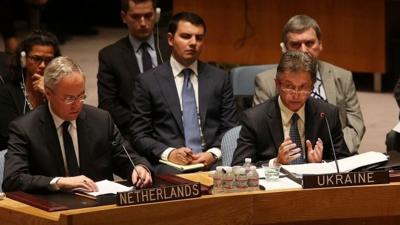 Ukrainian Ambassador Yuriy Sergeyev speaks at an emergency session of the United Nations (UN) Security Council