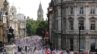 Demonstrators march in London to protest at Israel's actions in Gaza