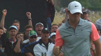 Rory McIlroy birdies the ninth at Hoylake