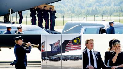 Clockwise from top, a coffin is carried off a military plane at Kharkiv, the Dutch king and queen, hearses seen behind flags at half mast, the Last Post is played