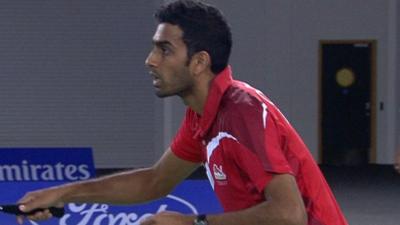 England's Rajiv Ouseph wins badminton rally