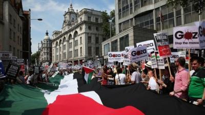 Protesters in London with a Palestinian flag