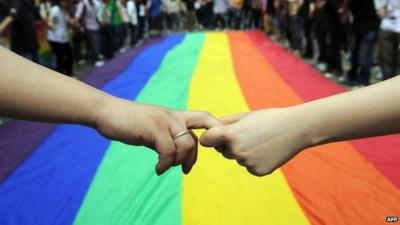 Gay and lesbian activists form a human chain around a rainbow flag during celebrations in Hong Kong on 18 May, 2012