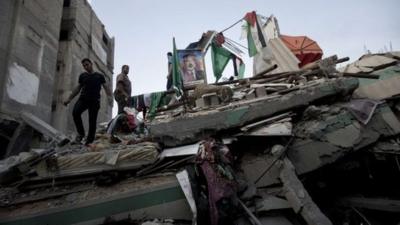 The rubble of the unoccupied house of former Hamas Prime Minister Ismail Haniyeh in Gaza, 29 July