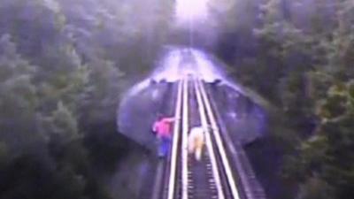 CCTV filmed from inside train as it approaches two women on the railway bridge