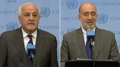 Palestinian representative to the UN Riyad Mansour and Israeli ambassador to the UN Ron Prosor