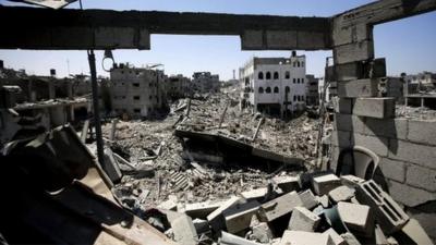 A general view over rubble of destroyed houses in a town in the northern Gaza Strip