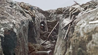 Canadian troops resting in trench shelters during the Battle of Arleux on the Western Front in France, 1917.