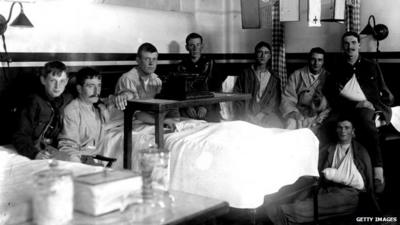 Soldiers in a London hospital in 1914