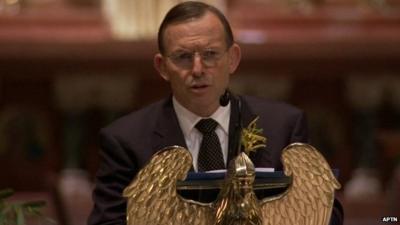 Australian PM Tony Abbott speaking at memorial service for victims of MH17 crash