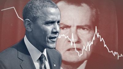 Photo illustration of presidents Obama and Nixon