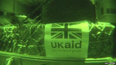 UK aid package in night vision on an RAF airplane