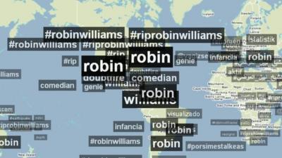 Map shows twitter hashtags for Robin Williams