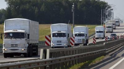 A Russian convoy of trucks carrying humanitarian aid for Ukraine