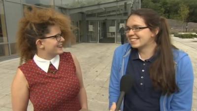 Coleg Gwent students Bronwen and Isabella celebrate their A-level results