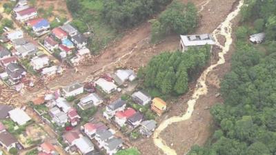 Buildings damaged by a landslide