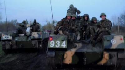 Ukrainian army troops and vehicles