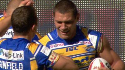 Leeds try scorer Ryan Hall is congratulated by Kevin Sinfield