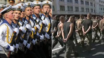 composite image of parades in Kiev and Donetsk