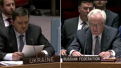 Ukrainian Ambassador Oleksandr Pavlichenko (l) and Russian Ambassador Vitaly Churkin (r)