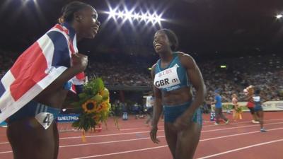 Desiree Henry and Anyika Onuora celebrate Great Britain's 4x100 relay win at the Diamond League meeting in Zurich