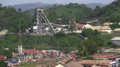 Aerial view of the town and mine in Obuasi, Ghana