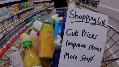 Shopping basket with handwritten shopping list of priorities for Tesco's new CEO