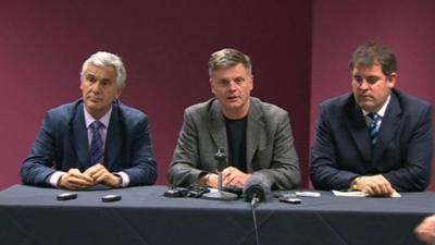 (Left) Newport Gwent Dragons chief executive Gareth Davies, (centre) Mark Davies, chief executive Regional Rugby Wales, (right) Richard Holland, chief executive Cardiff Blues