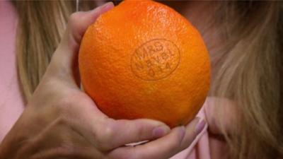 An orange labelled using a laser machine