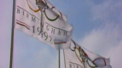 Flags emblazoned with the Birmingham 1992 logo.