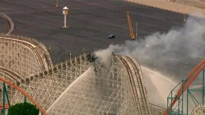 The Colossus ride at Southern California's Magic Mountain park on fire