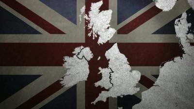 Great Britain with a detached Scotland over a Union Jack