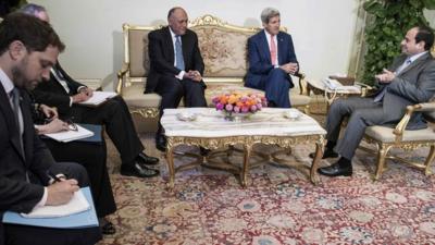 US Secretary of State John Kerry with Egyptian Foreign Minister Shoukry and Egyptian President Sisi