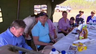 Tony Abbott at a meeting in a tent