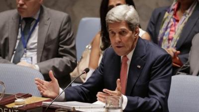 US Secretary of State John Kerry speaks during a UN Security Council meeting