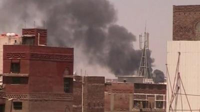 Smoke coming from a building in Sanaa