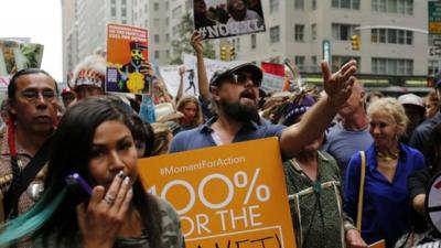 Leonardo DiCaprio joins climate change protesters in New York