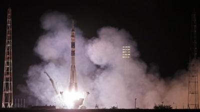 The Soyuz lifts off