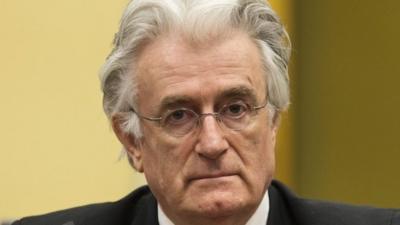 Bosnian Serb wartime leader Radovan Karadzic appears in the courtroom for his appeal judgement