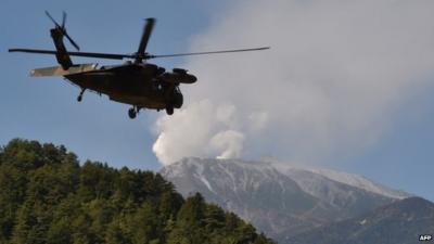 Military helicopter near Mount Ontake