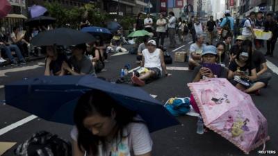 Protesters with umbrellas at at Mongkok shopping district