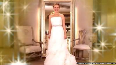 A woman models a wedding dress in a Republican advert