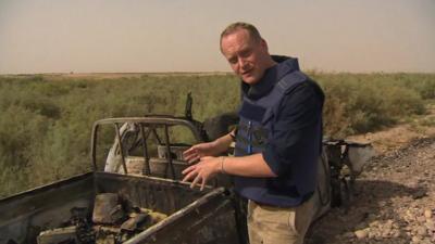 The BBC's Quentin Sommerville inspects an Islamic State vehicle loaded with explosives
