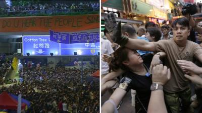 Peaceful protests in Hong Kong's Admiralty district (left), and scuffles in Mong Kok (r) on 4 October