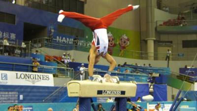 British gymnast Dan Keatings on the pommel horse at the World Artistic Gymnastics Championships