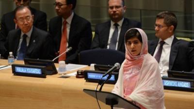 Malala Yousafzai speaks before the United Nations Youth Assembly at UN