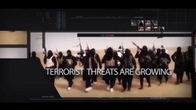 Campaign ad screenshot says "terrorist threats are growing"