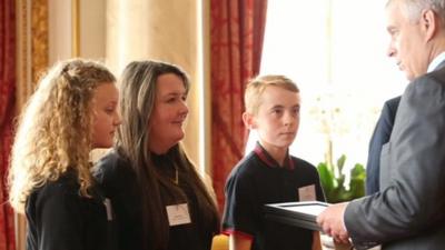 Kaitlyn, Lauren and Joe pick up TeenTech award from the Duke of York